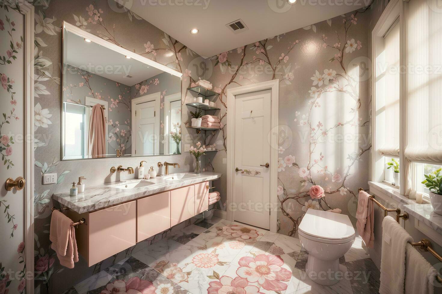 luxuriös Badezimmer mit elegant Möbel und geschmackvoll Dekor. heiter und geräumig Leben Raum, Pfirsich und Pulver Rosa Luxus Innere Design Blumen- Farbe Toilette und Dusche mit Waschbecken.ai generiert foto