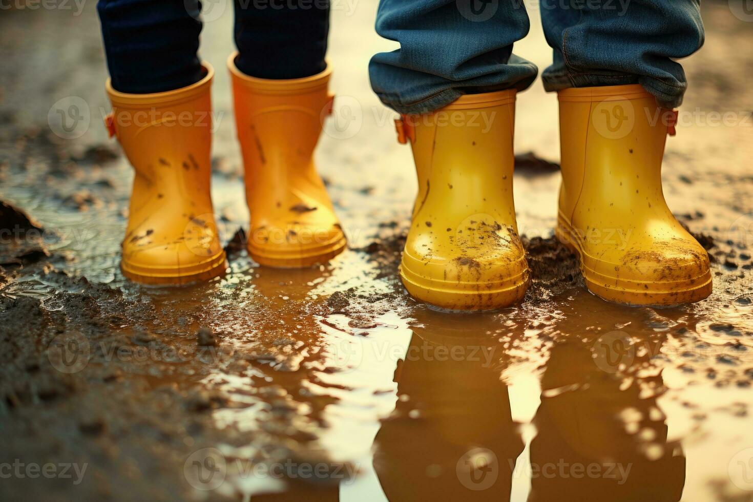 Kinder im Gelb Gummi Stiefel gehen durch Pfützen. ai generiert foto