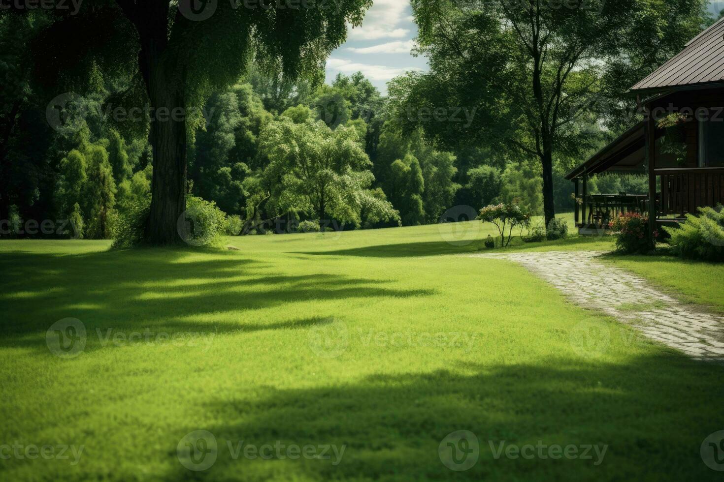 Grün Rasen Gras auf das Handlung in der Nähe von das Haus. ai generiert foto