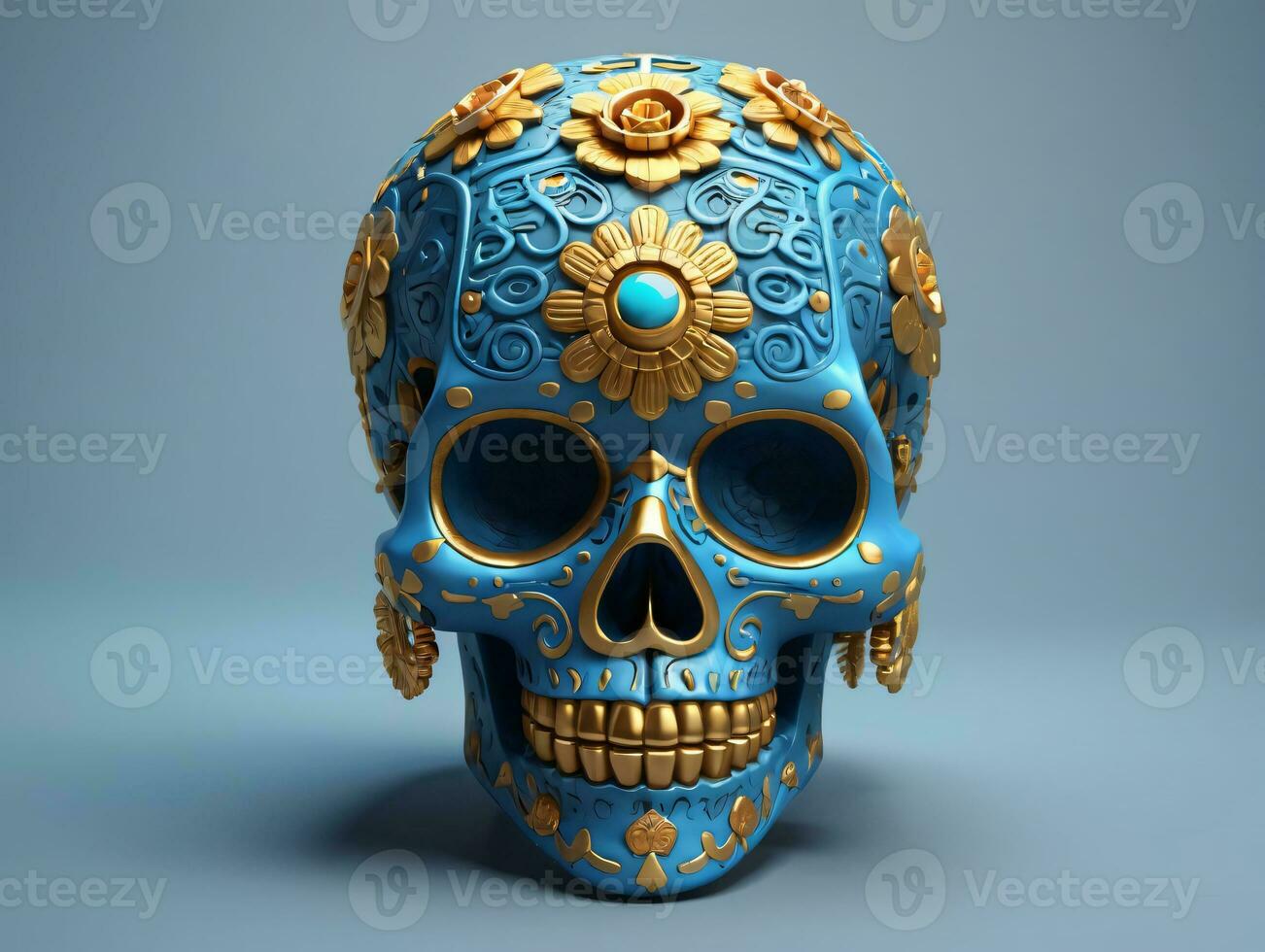 ein Blau Schädel mit Gold Dekorationen auf Es. ai generiert foto