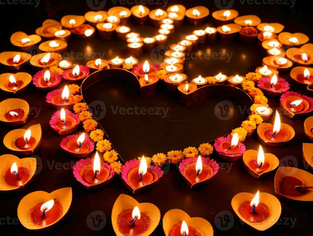 ein Herz gemacht von Kerzen und Blumen. ai generiert foto
