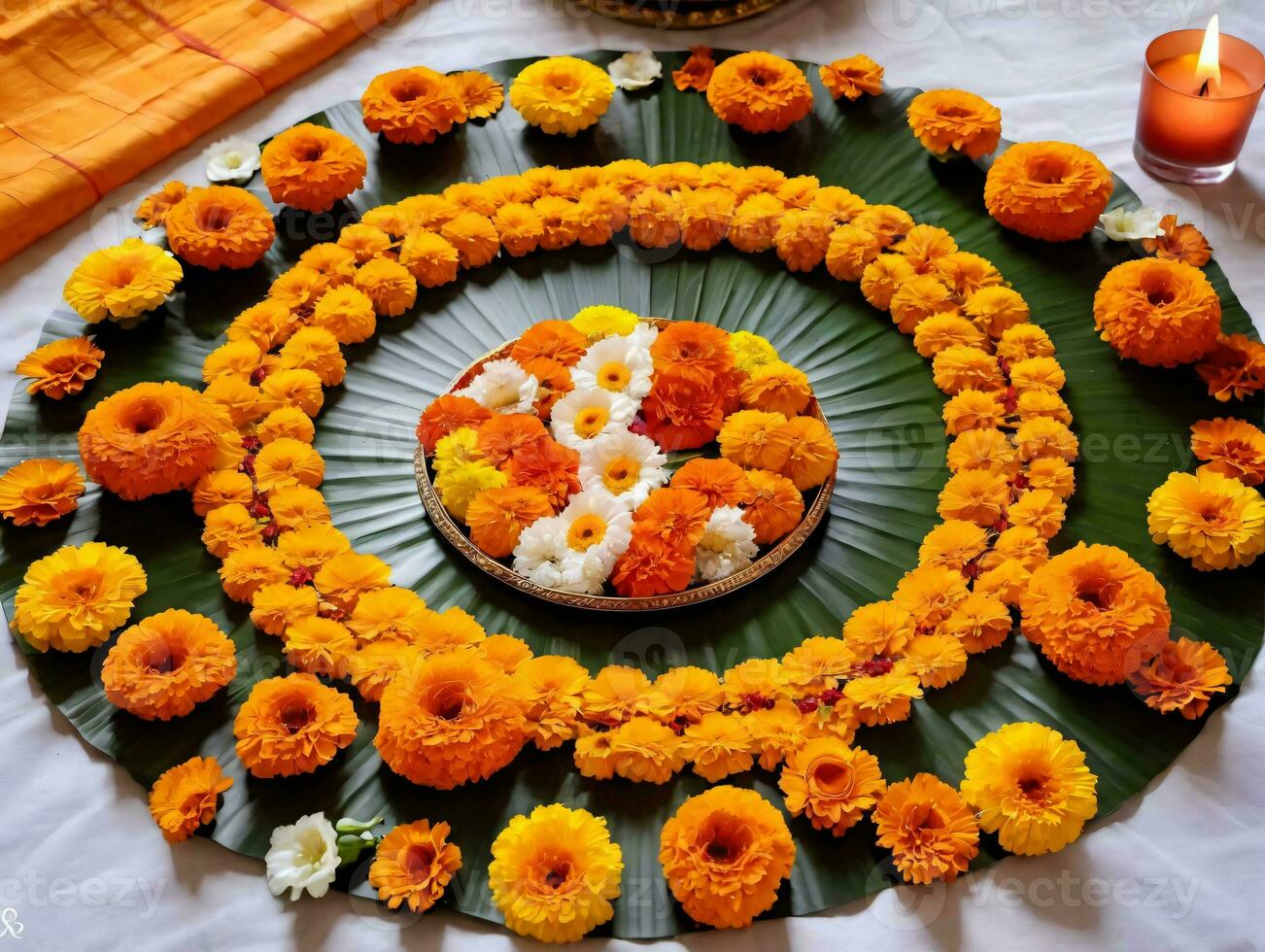 ein Teller mit Blumen und ein Kerze auf Es. ai generiert foto