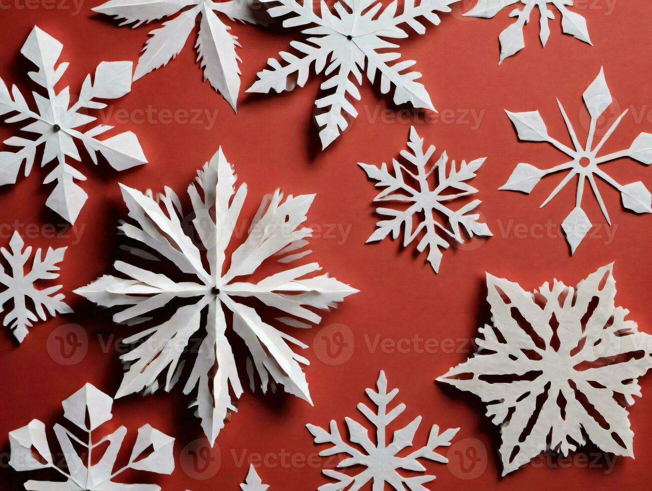 Papier Schneeflocken auf rot Hintergrund. ai generiert foto