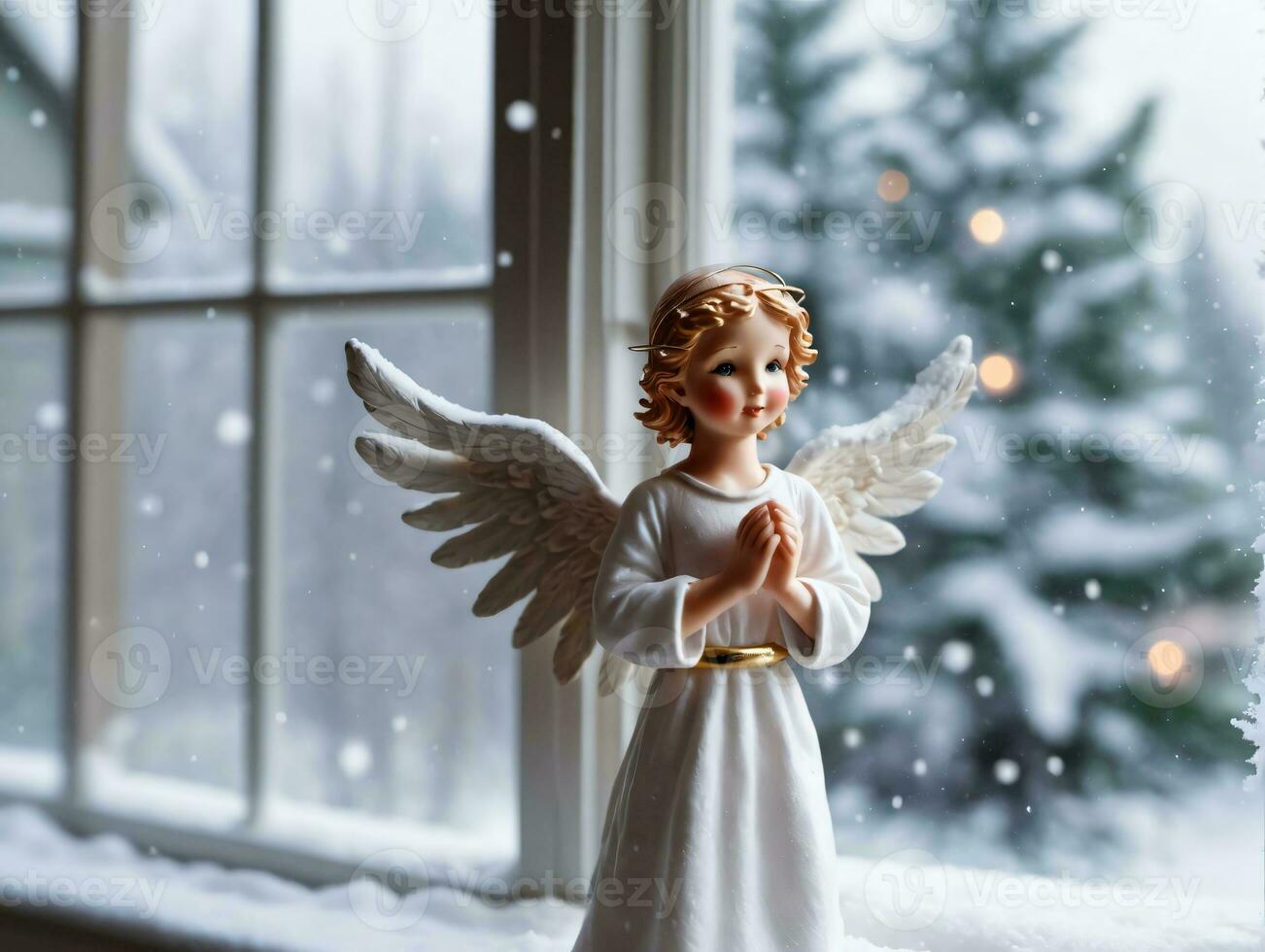ein klein Engel Figur Stehen im Vorderseite von ein Fenster. ai generiert foto