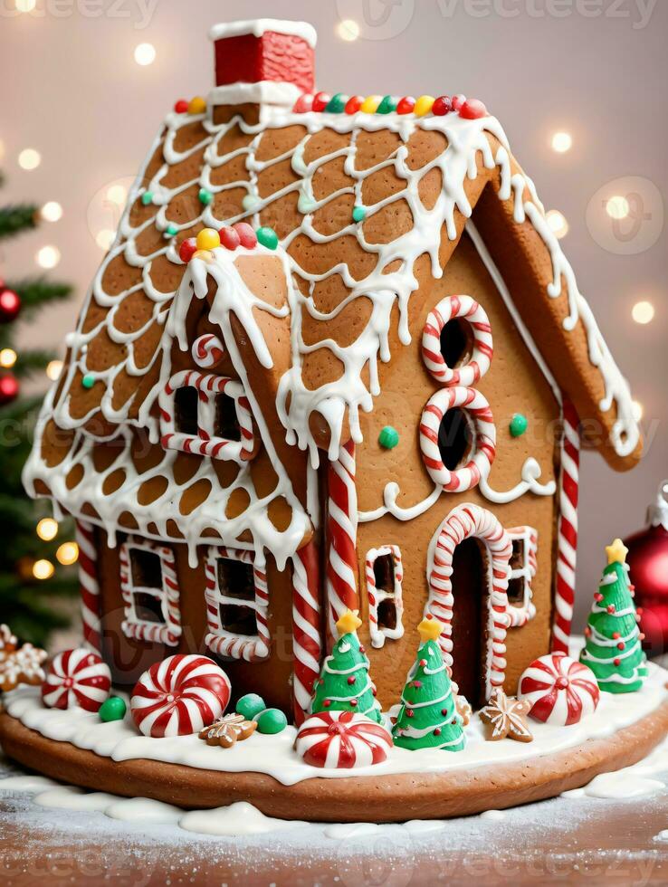 Foto von Weihnachten Lebkuchen Haus mit Glasur. ai generiert