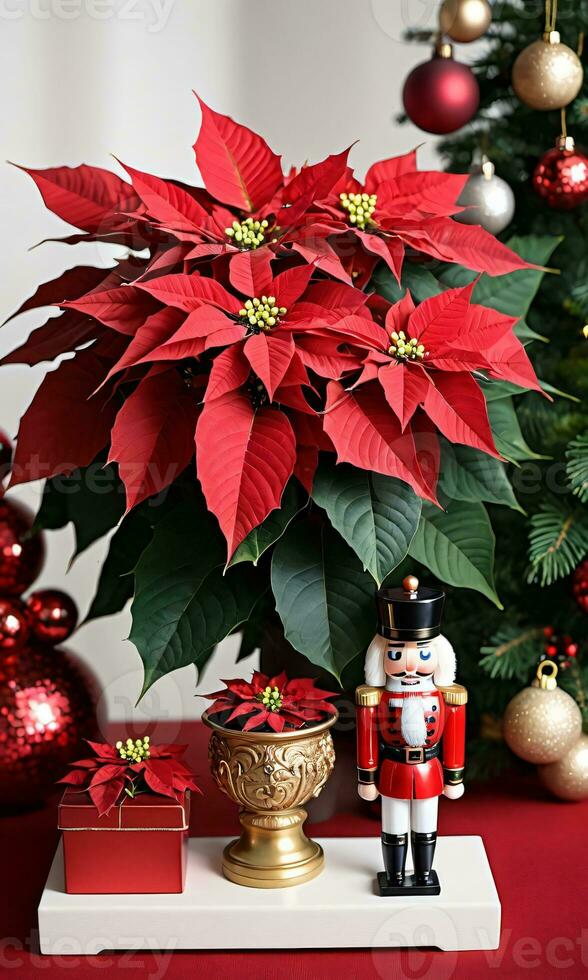 Foto von Weihnachten Weihnachtsstern Pflanze Nächster zu ein Nussknacker. ai generiert