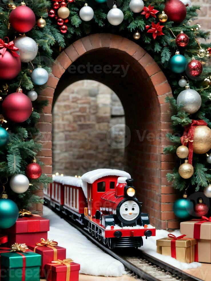 Foto von Weihnachten Spielzeug Zug gehen durch ein Tunnel von Geschenke. ai generiert