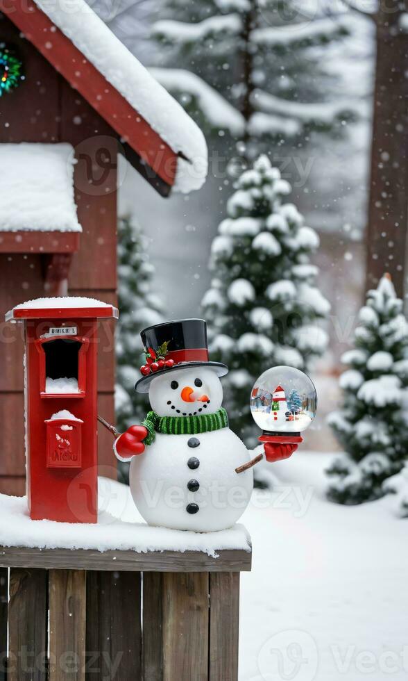 Foto von Weihnachten Schneemann halten ein Glas Schnee Globus neben ein schneebedeckt Briefkasten. ai generiert