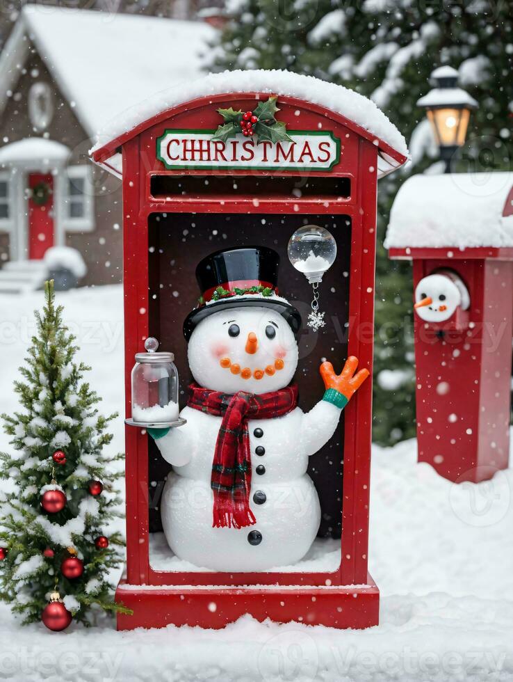 Foto von Weihnachten Schneemann halten ein Glas Schnee Globus neben ein schneebedeckt Briefkasten. ai generiert