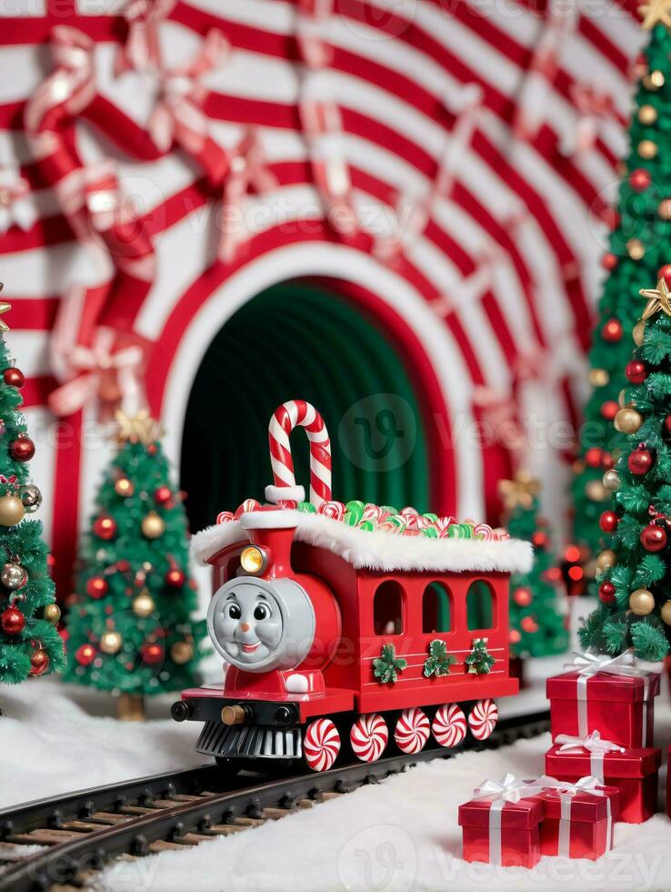 Foto von Weihnachten Spielzeug Zug Tragen Süßigkeiten Stöcke durch ein Tunnel von Geschenke. ai generiert