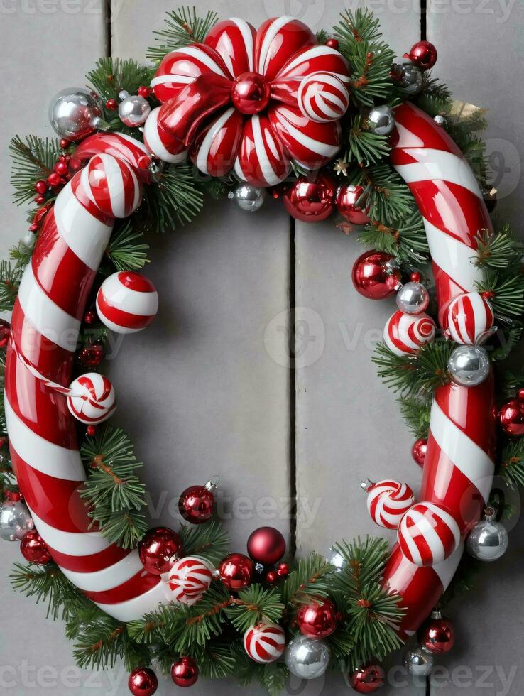 Foto von Weihnachten Kranz verflochten mit Süßigkeiten Stock Streifen und Glas Ornamente. ai generiert
