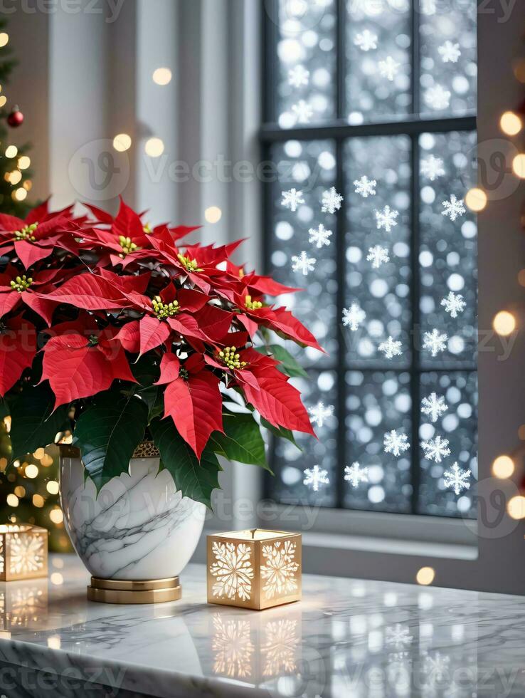 Foto von Weihnachten Weihnachtsstern Pflanze umgeben durch Schneeflocken und Fee Beleuchtung auf ein Marmor Tabelle Nächster zu ein großartig Fenster. ai generiert