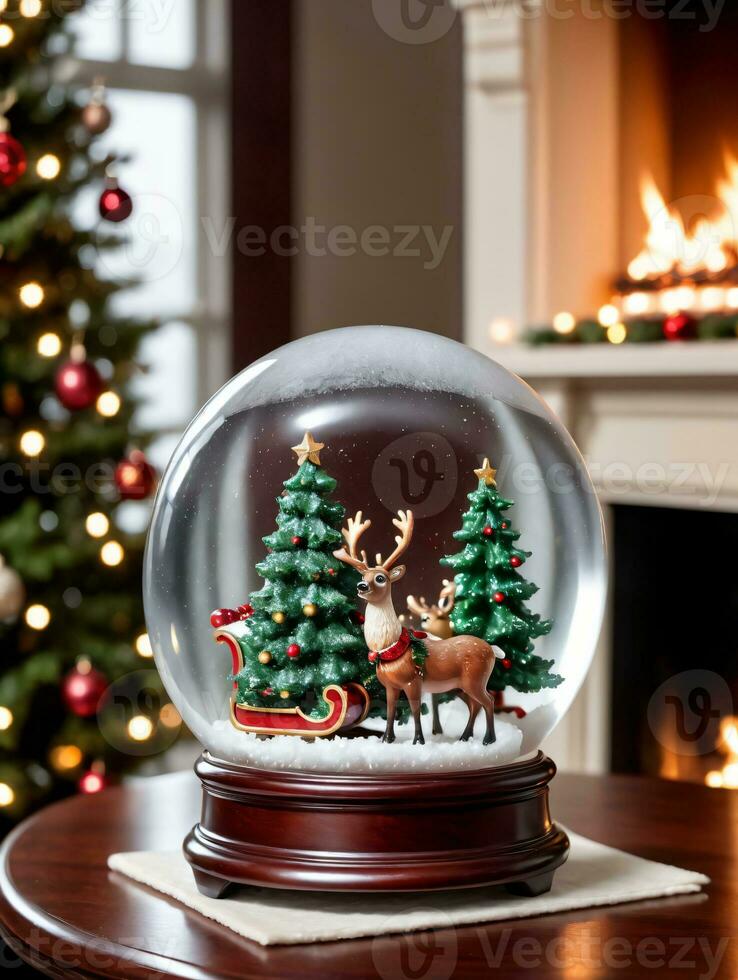 Foto von Weihnachten Schnee Globus mit ein Weihnachten Baum Schlitten und Rentier Innerhalb platziert auf ein Mahagoni Tabelle neben ein brüllend Kamin. ai generiert