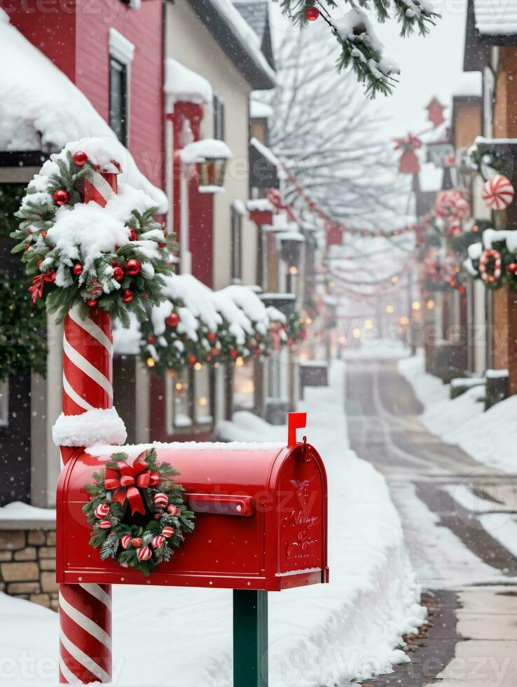 Foto von Weihnachten schneebedeckt Briefkasten gefüllt mit Süßigkeiten Stöcke und Glas Ornamente einstellen gegen das Hintergrund von ein schneebedeckt Dorf Straße. ai generiert