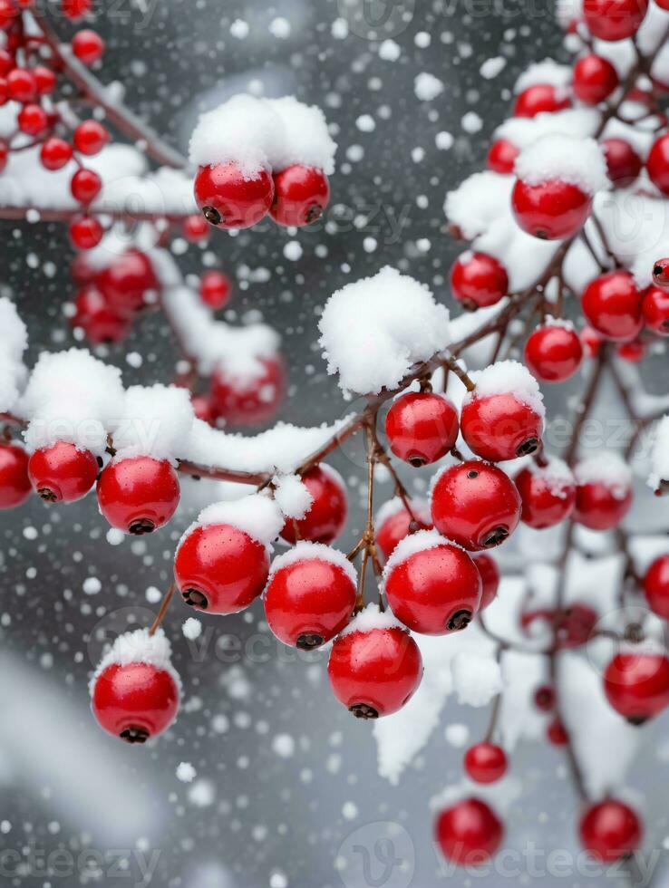 Foto von Weihnachten rot Beeren im das Schnee. ai generiert