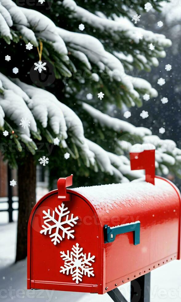 Foto von Weihnachten Schneeflocken schmücken ein Briefkasten. ai generiert