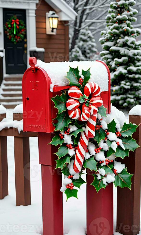 Foto von Weihnachten schneebedeckt Briefkasten gefüllt mit Süßigkeiten Stöcke und Stechpalme Blätter. ai generiert