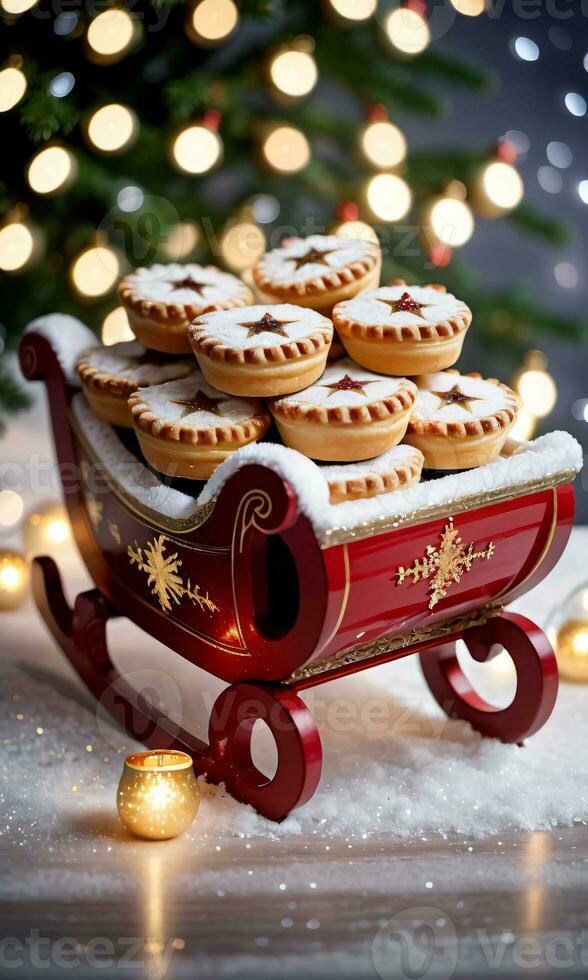 Foto von Weihnachten Schlitten gefüllt mit Hackfleisch Kuchen und umgeben durch funkeln Beleuchtung. ai generiert