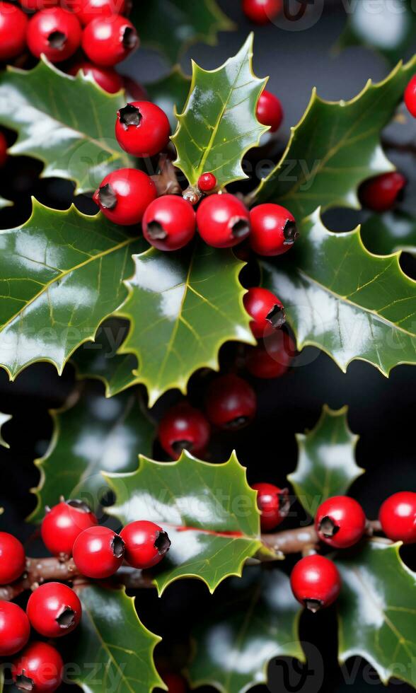 Foto von Weihnachten Stechpalme Geäst mit rot Beeren. ai generiert