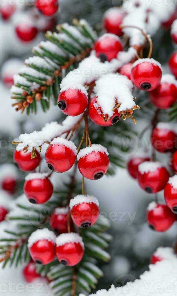 Foto von Weihnachten rot Beeren im das Schnee. ai generiert