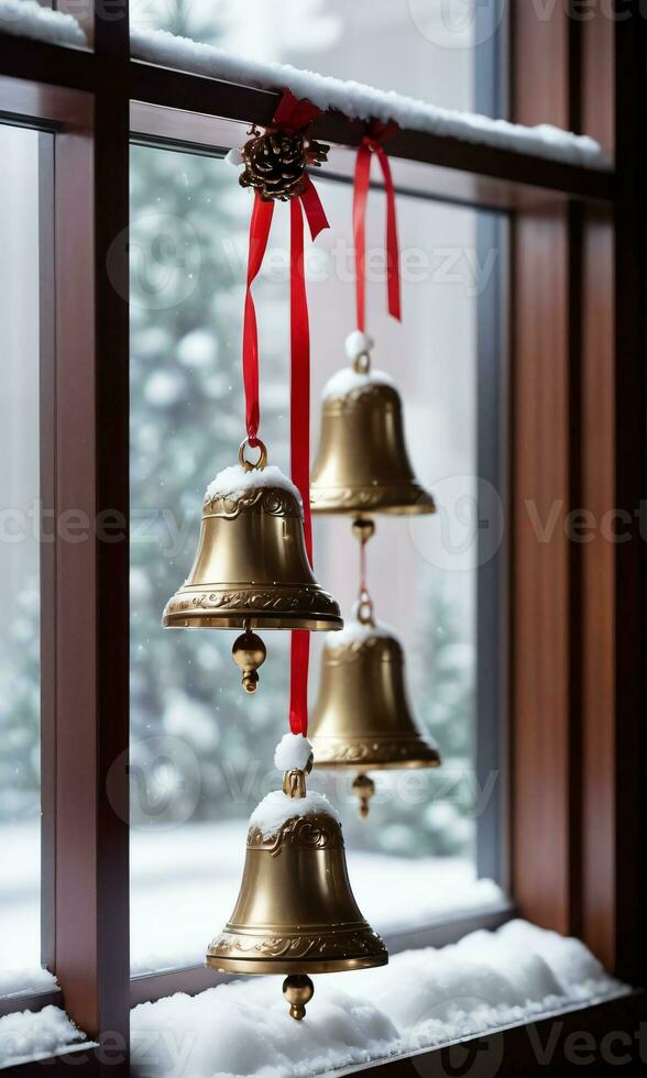 Zier Glocken hängend neben ein schneebedeckt Fenster Tageslicht Innen- Seite Schuss. ai generiert foto