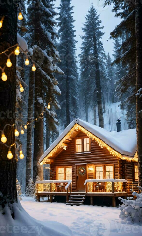 ein hölzern Kabine mit warm Weihnachten Beleuchtung im ein schneebedeckt Wald. ai generiert foto