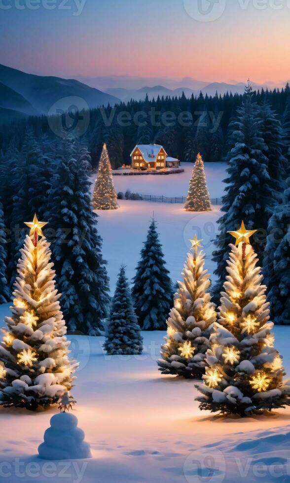 ein schneebedeckt Landschaft mit Weihnachten Bäume geschmückt mit Beleuchtung gefangen beim Dämmerung. ai generiert foto