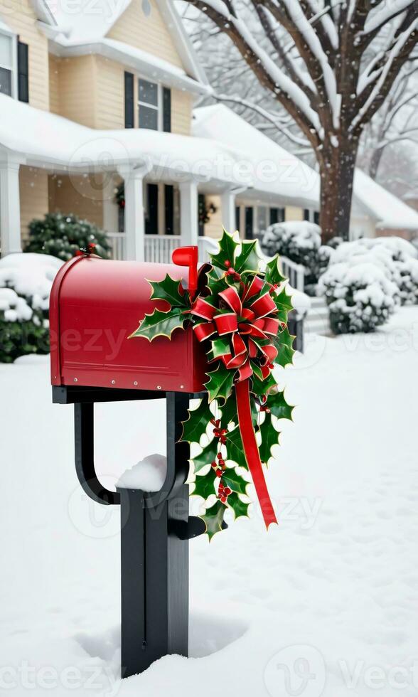 Foto von Weihnachten Stechpalme Geäst dekorieren ein Briefkasten gefüllt mit Weihnachten Karten und Bänder einstellen gegen ein Hintergrund von ein schneebedeckt Vorderseite Hof. ai generiert