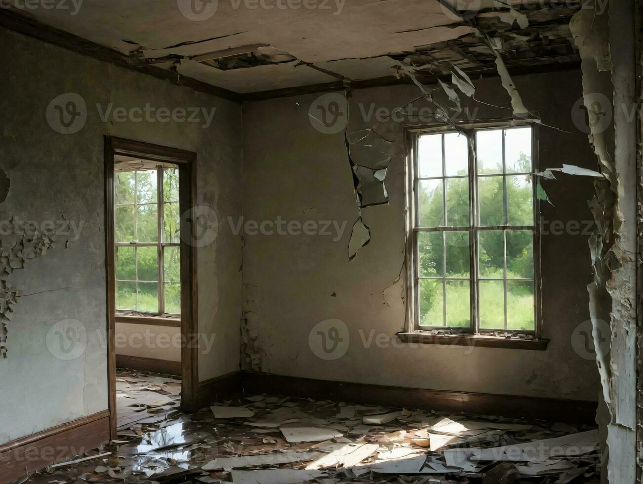 ein Zimmer mit ein gebrochen Fenster. ai generiert foto