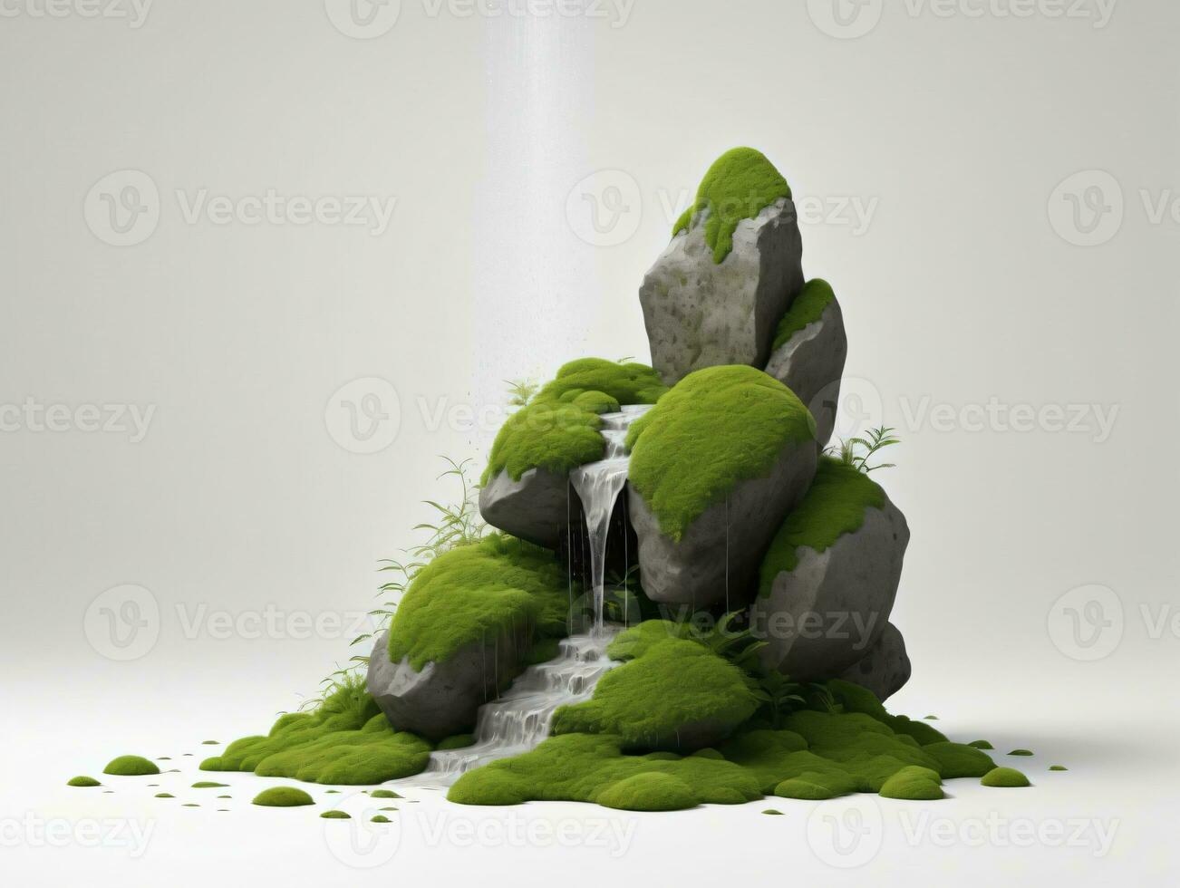 ein Wasserfall im das Mitte von ein Stapel von Grün Moos. ai generiert foto