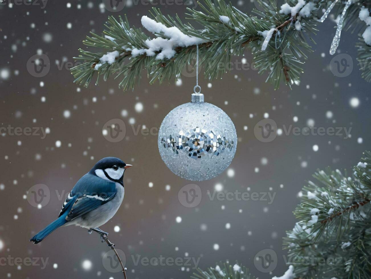 ein Vogel Sitzung auf ein Ast mit ein Weihnachten Ball. ai generiert foto