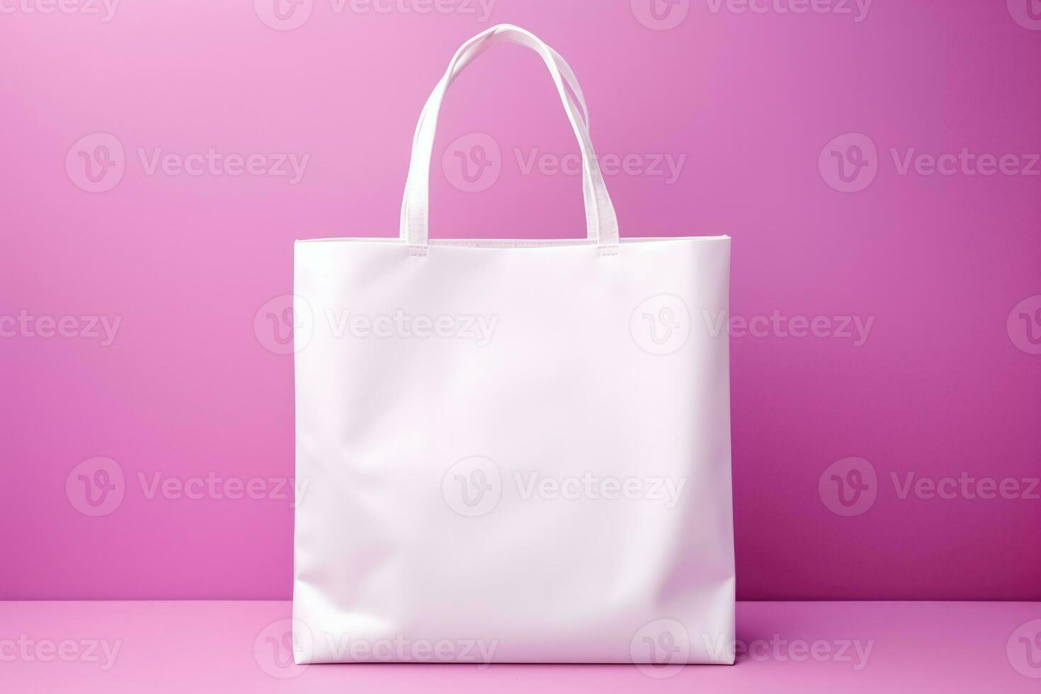 Attrappe, Lehrmodell, Simulation von ein Weiß Tasche mit Griffe auf ein Rosa Hintergrund. ai generiert foto