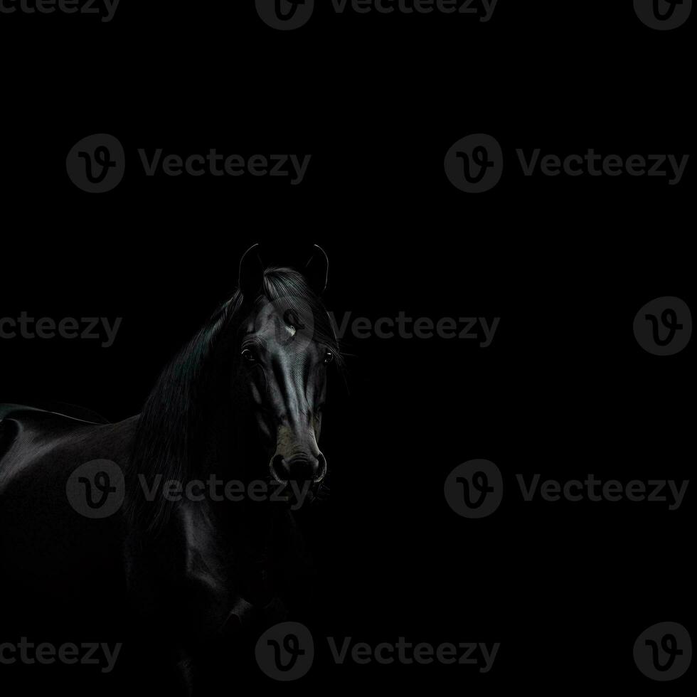 ein majestätisch schwarz Pferd Stehen im das Dunkelheit ai generiert foto