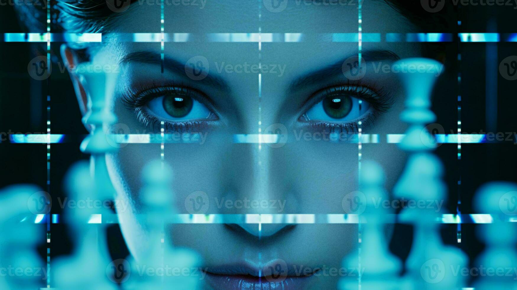 ein Frau mit auffällig Blau Augen gegen ein futuristisch Hintergrund ai generiert foto