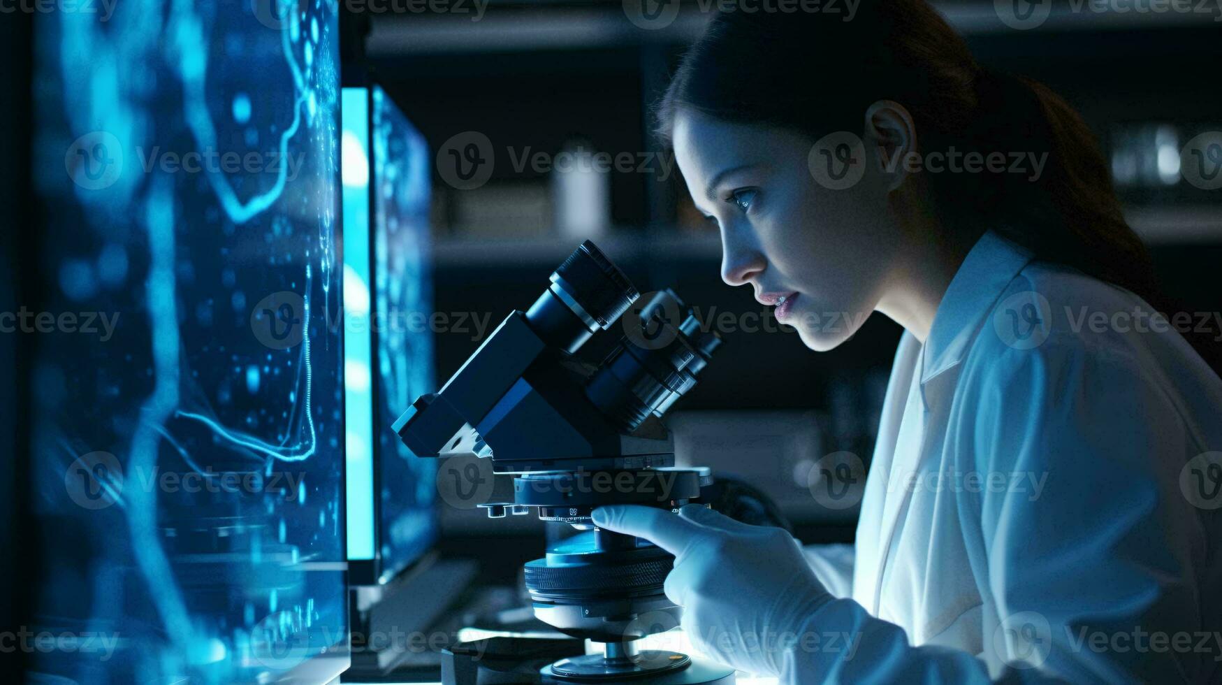 ein weiblich Wissenschaftler Dirigieren Forschung mit ein Mikroskop im ein Labor ai generiert foto