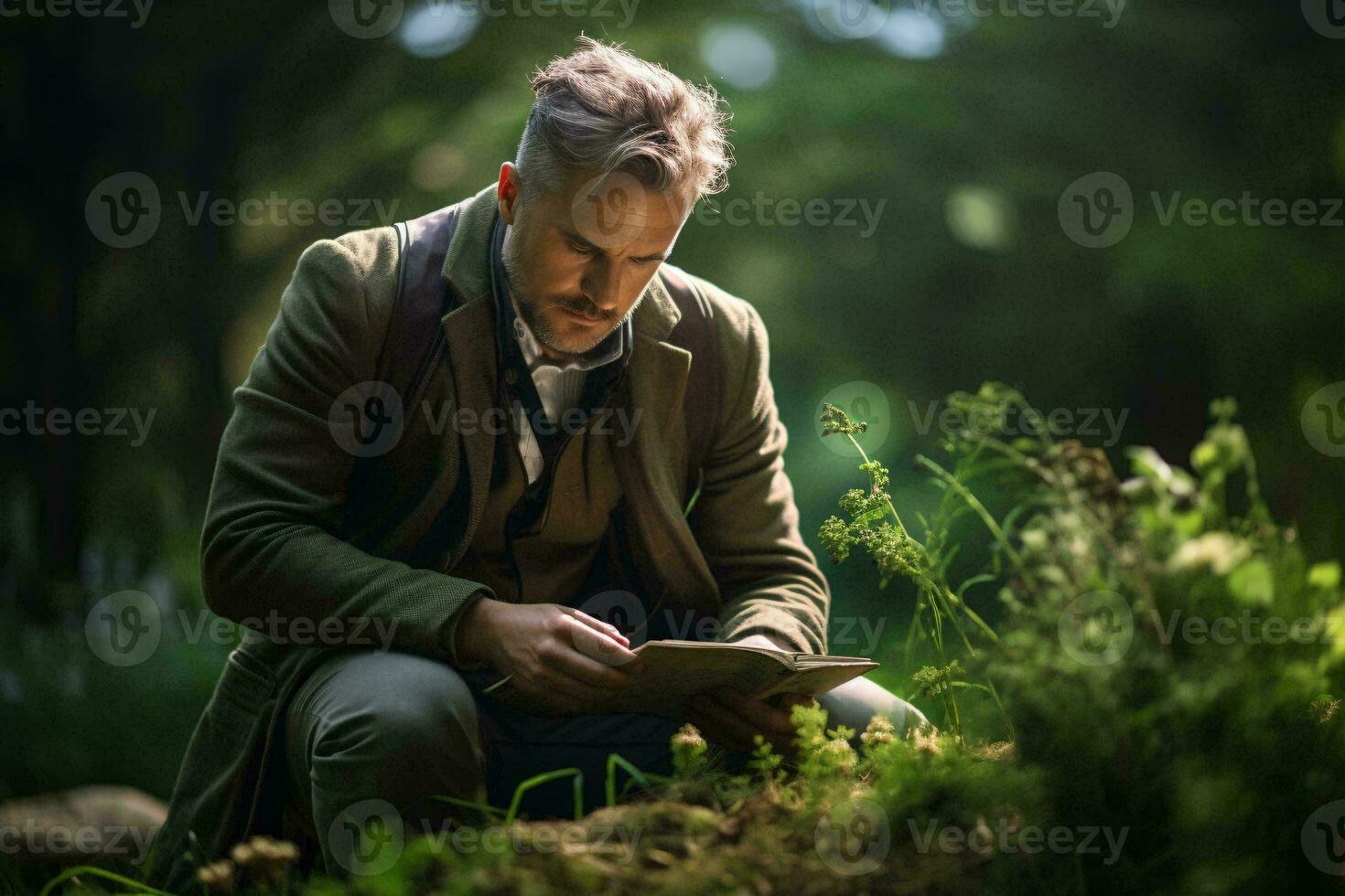 ein Mann eingetaucht im Natur, lesen ein Buch im das friedlich Wald ai generiert foto