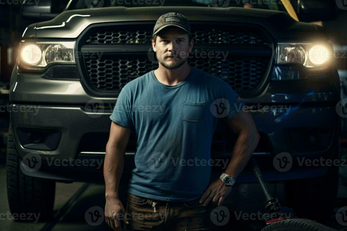 ein Mann Stehen Nächster zu ein LKW im ein Garage ai generiert foto