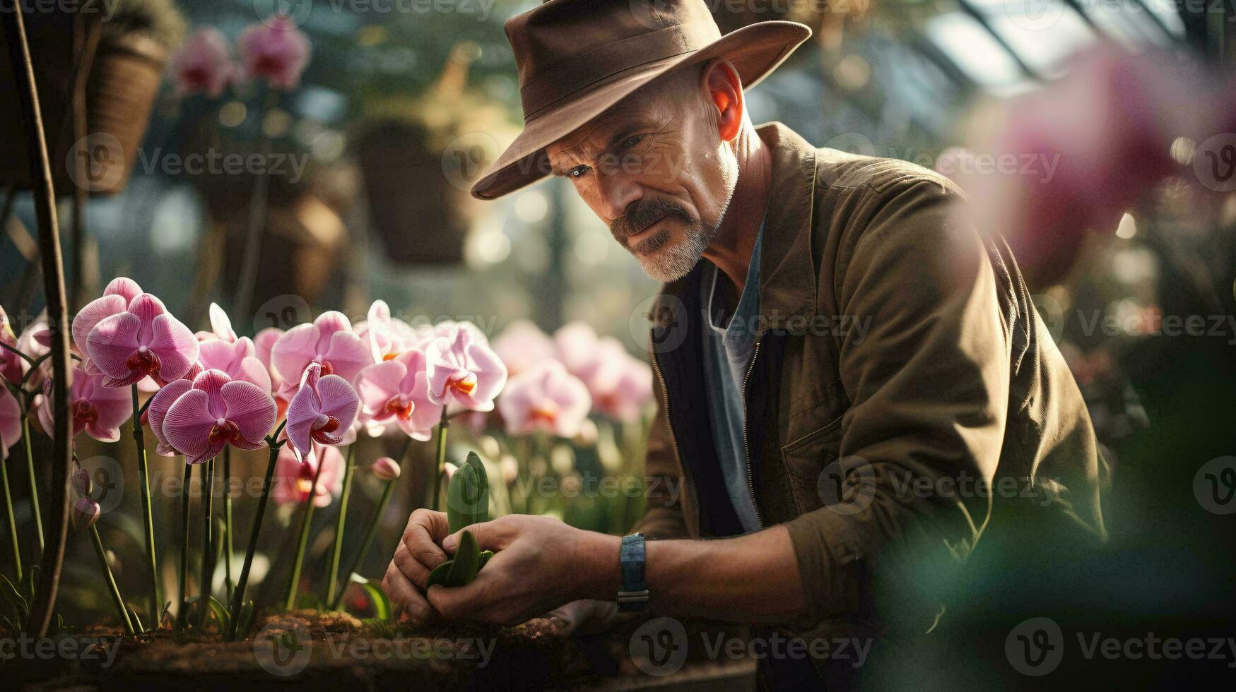 ein Mann im ein Hut bewundern ein bunt Strauß von Blumen ai generiert foto