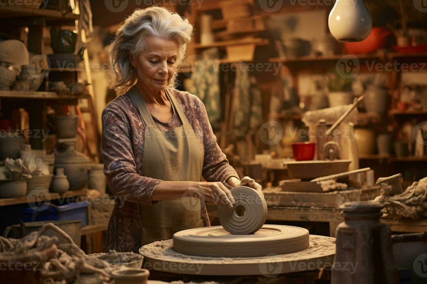 ein Frau Erstellen Keramik auf ein Rad im ein charmant Keramik Geschäft ai generiert foto