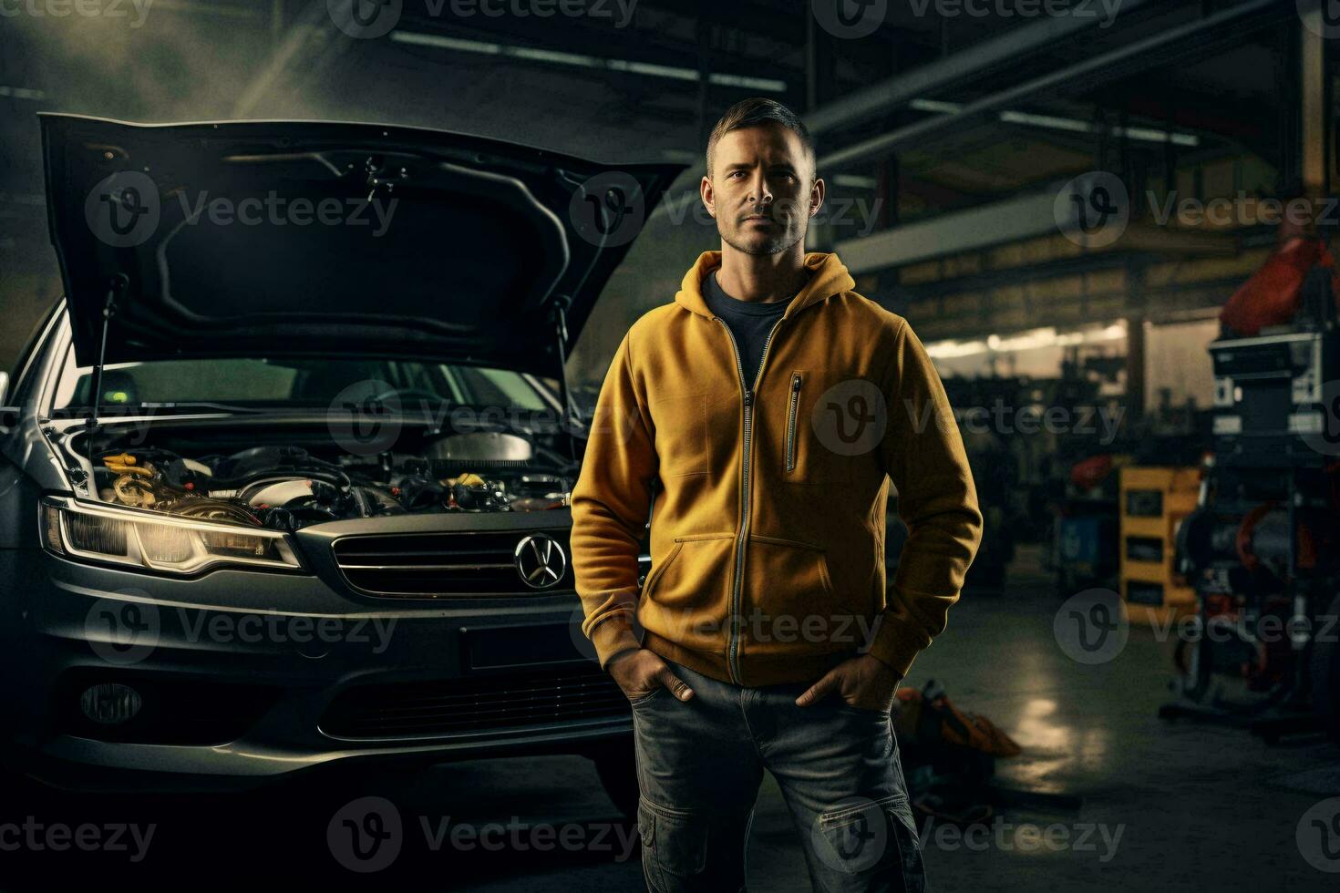 ein Mann Stehen Nächster zu ein Auto im ein Garage ai generiert foto