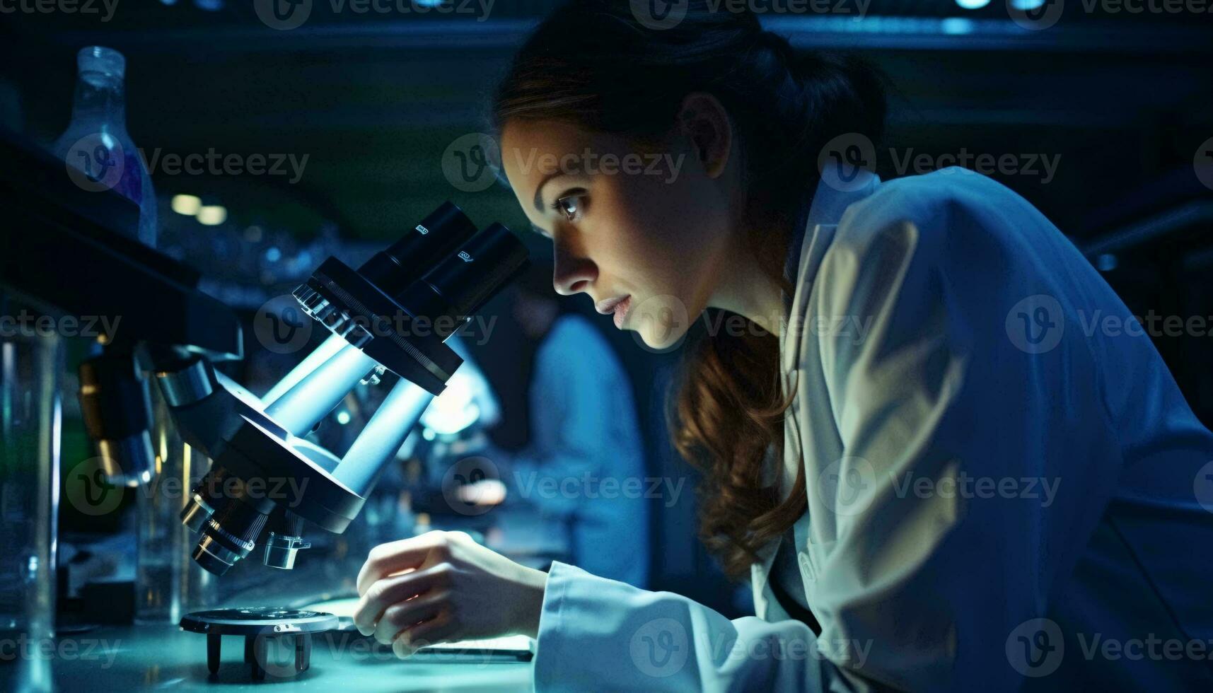 ein Frau mit ein Mikroskop im ein Labor ai generiert foto