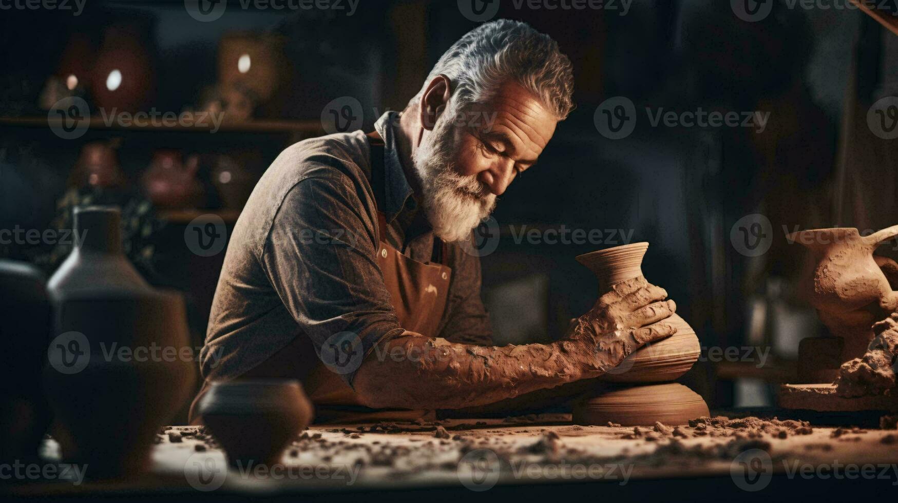 ein Mann Bildhauerei ein Vase von Lehm ai generiert foto