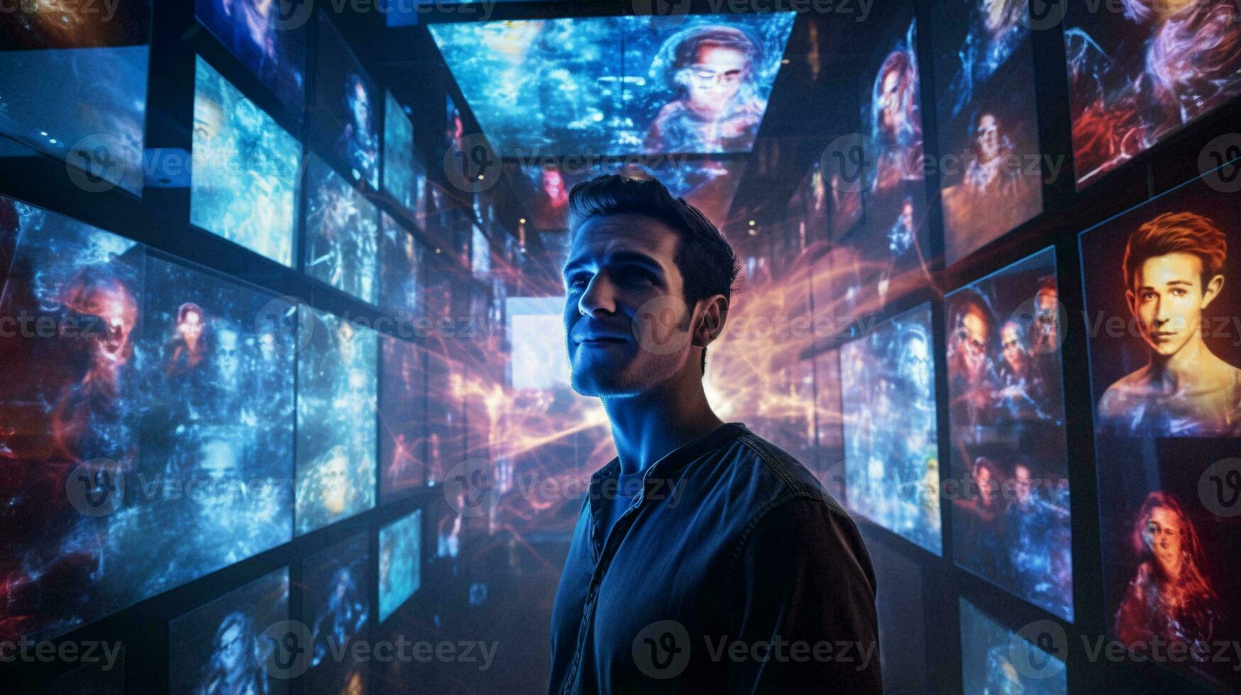 ein Mann umgeben durch ein bunt Mauer von Filme ai generiert foto