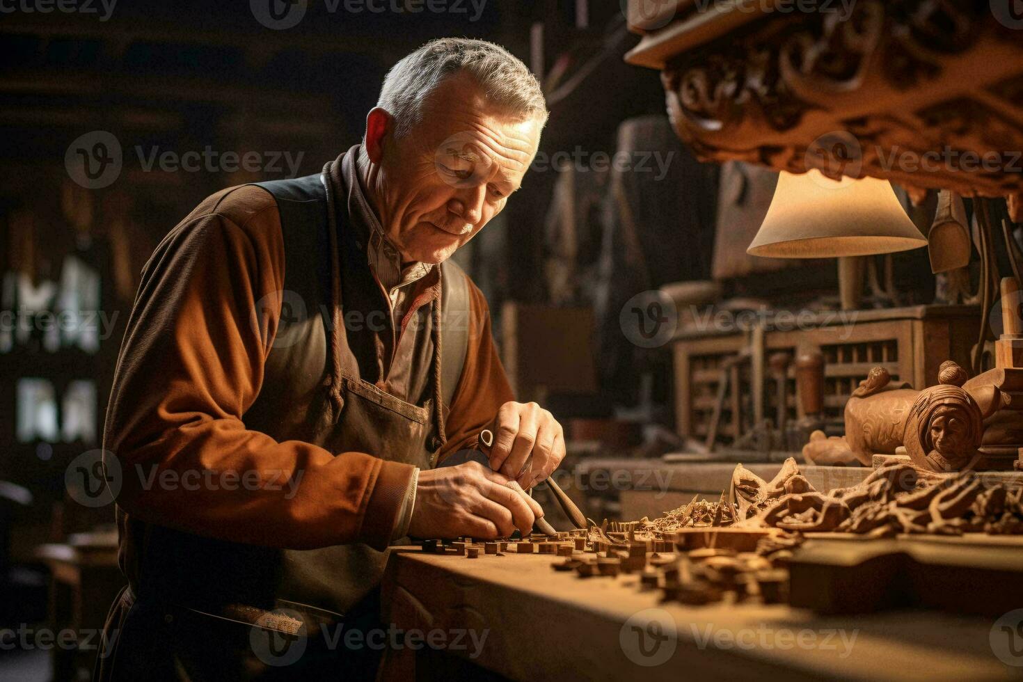 ein Mann geschickt Carving Holz mit Werkzeuge im seine Werkstatt ai generiert foto