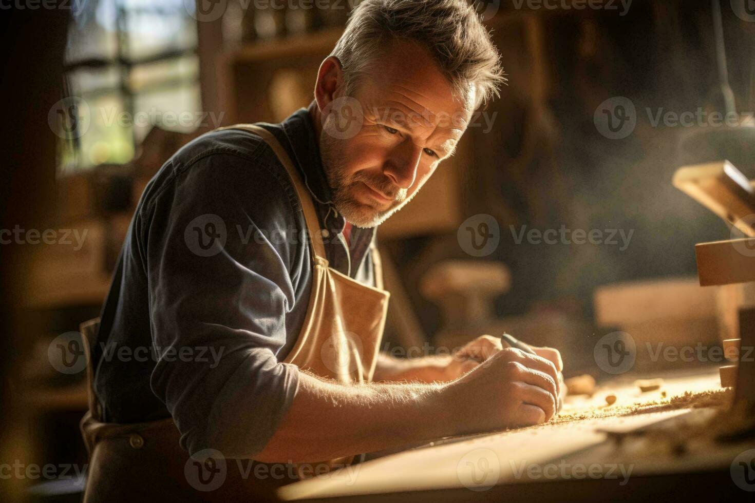 ein Mann Carving ein Stück von Holz mit ein Meißel ai generiert foto