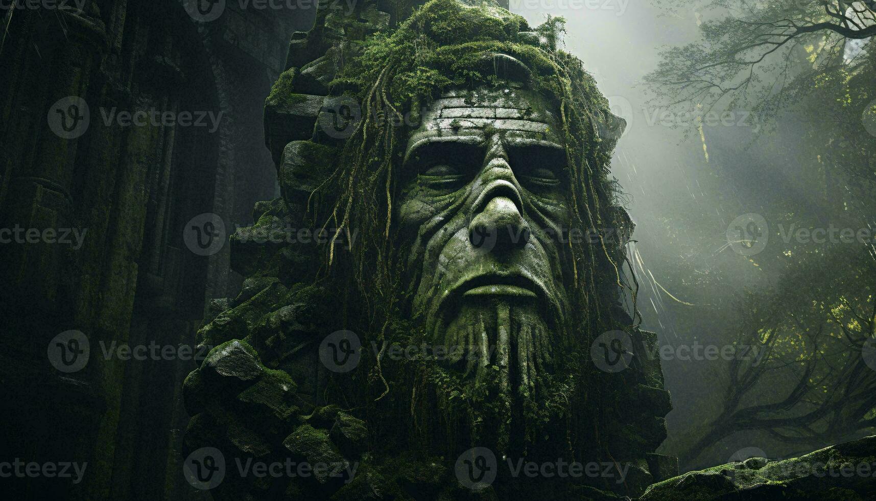 ein Statue von ein Mann im ein heiter Wald Rahmen ai generiert foto