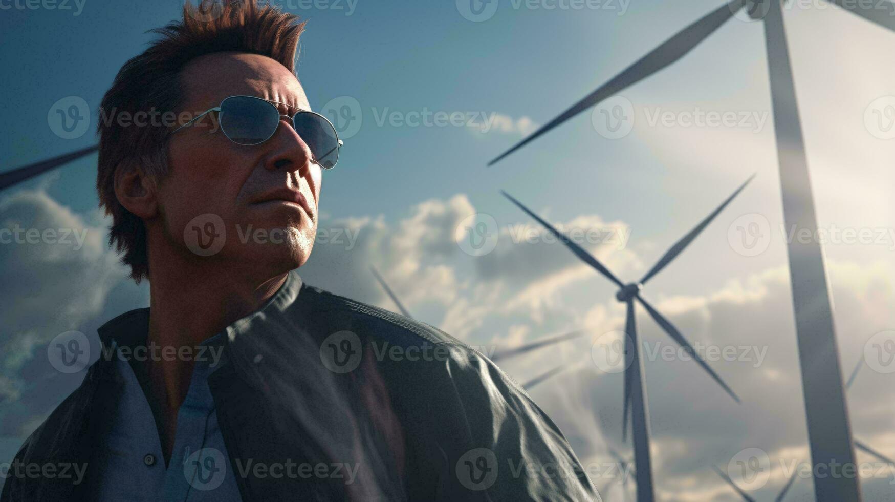 ein Mann Stehen im Vorderseite von Wind Turbinen tragen Sonnenbrille ai generiert foto