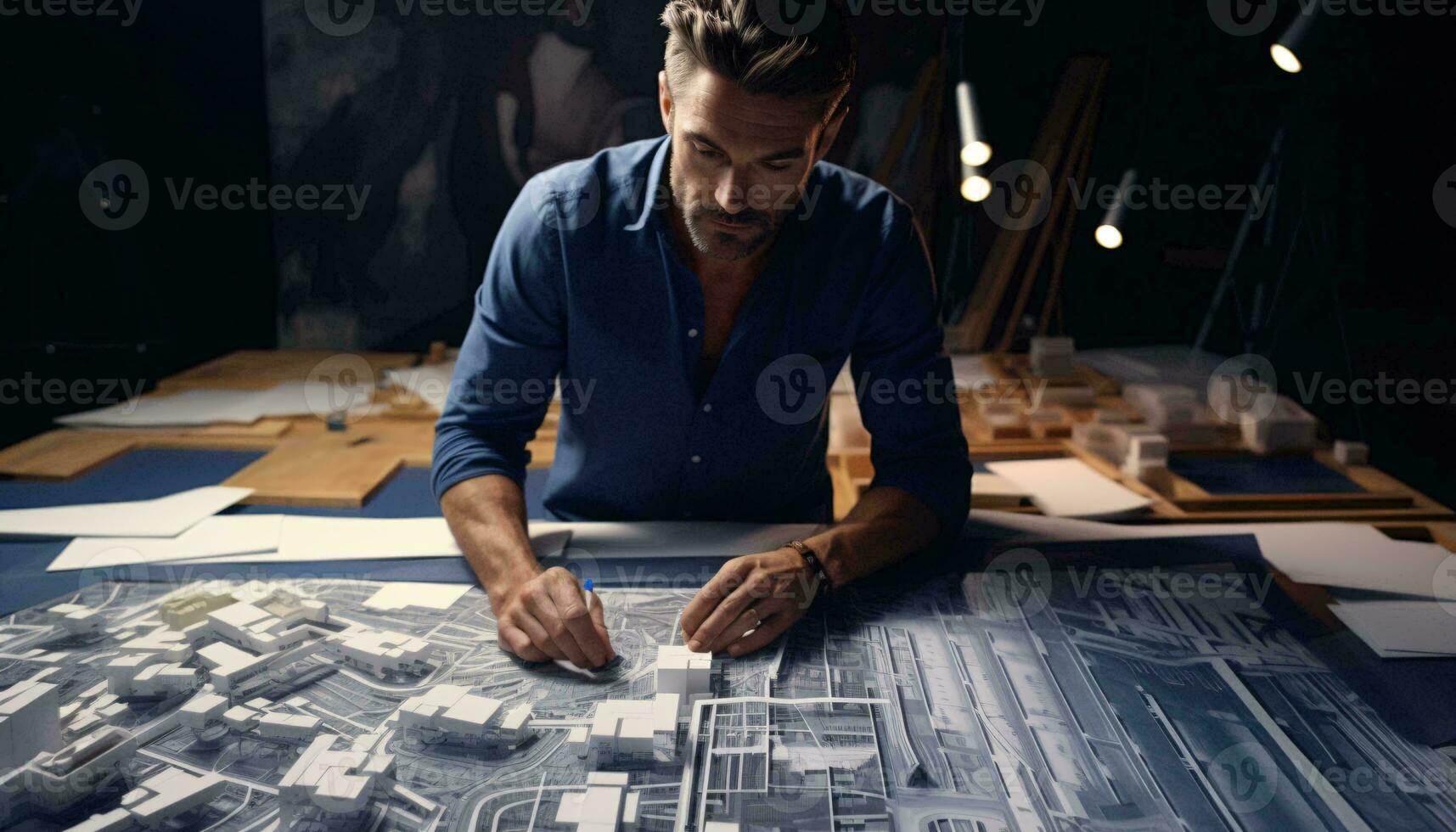 ein Mann studieren ein Entwurf beim ein Tabelle ai generiert foto