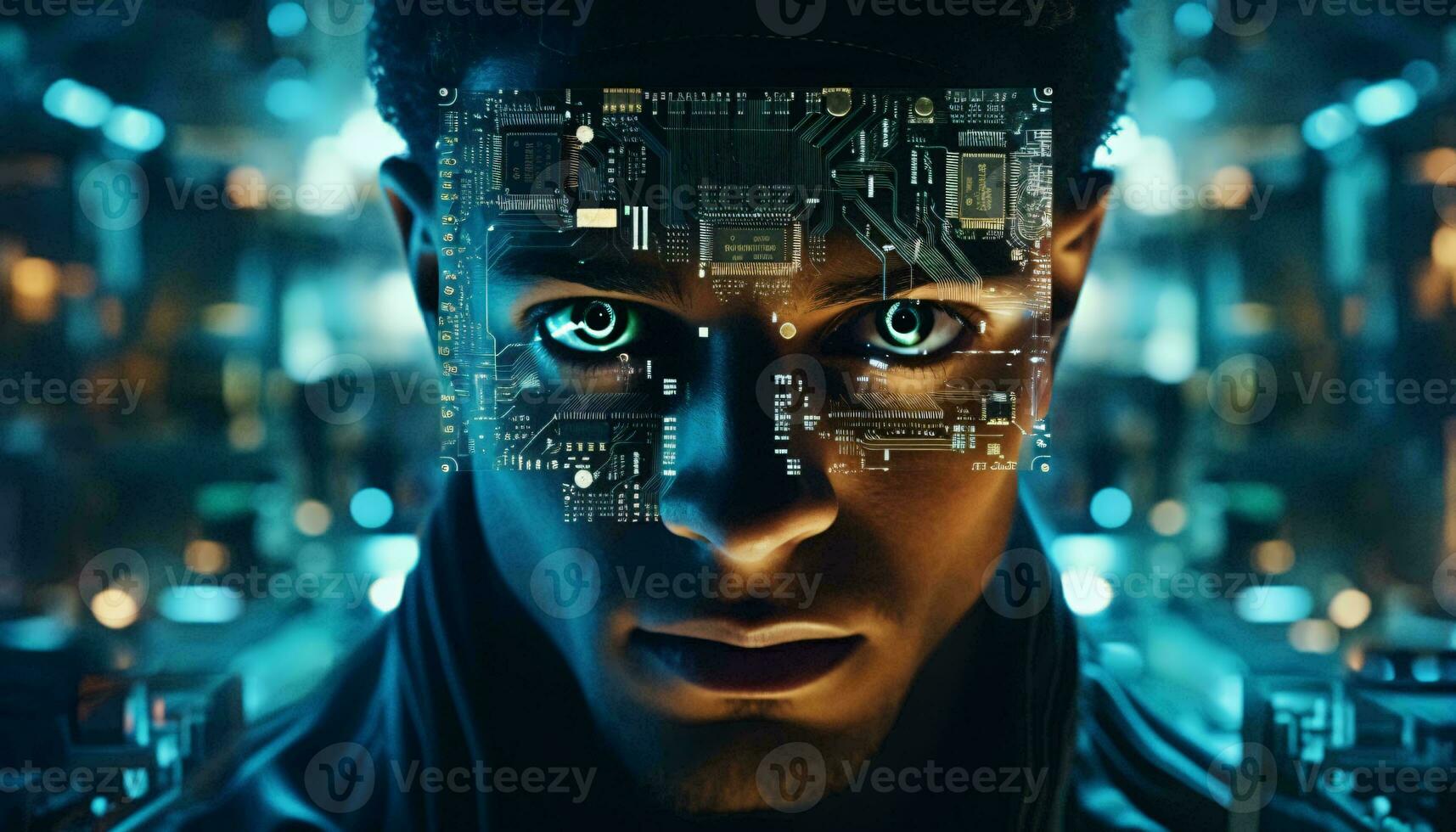 ein Mann mit ein futuristisch Gesicht und Schaltkreis Tafel Overlay ai generiert foto