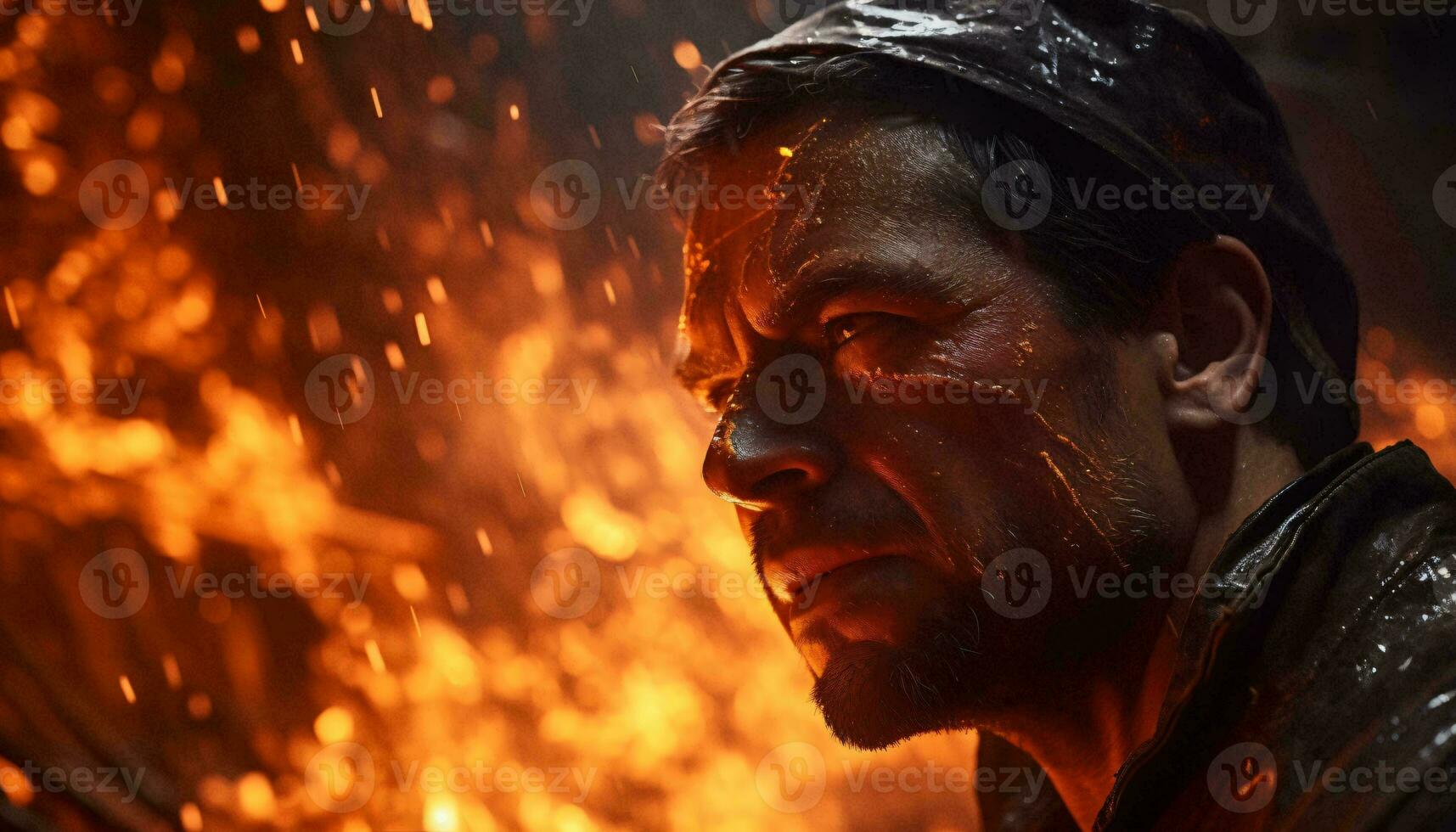 ein Mann Stehen im Vorderseite von ein lodernd Feuer ai generiert foto